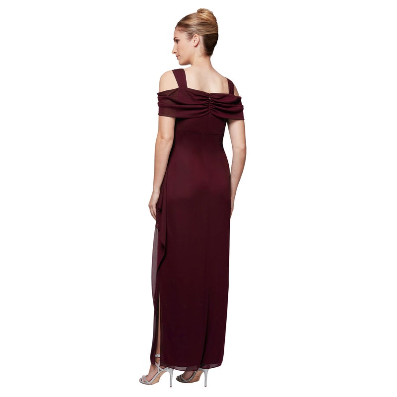 Alex Evenings Women's Long Cold Shoulder Mother of The Bride Dress with Beaded Detail at Hip, (Petite and Regular Sizes), Beaded Wine, 14P - Image 2
